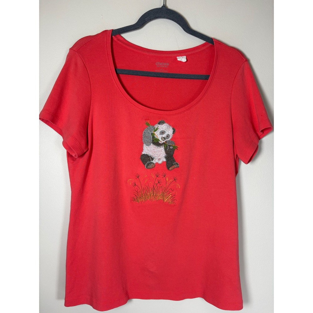 Chicos True Color Tee Coral Embroidered Panda Bamboo Scoop Neck Top Size 2 L Zoo